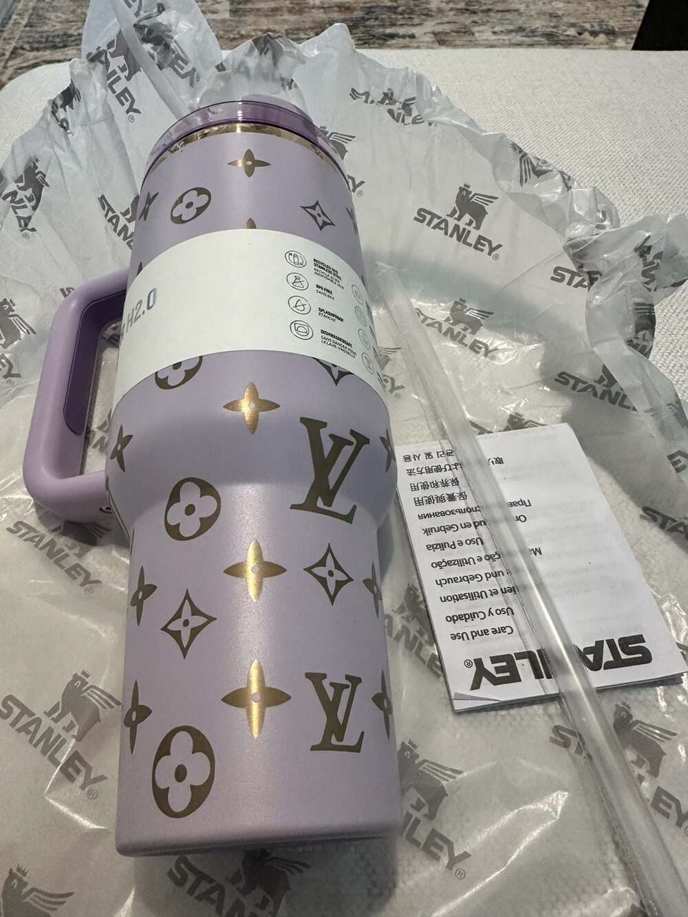 Stanley Quencher H2.0 40oz Tumbler with Custom LV Inspired Monogram Pattern